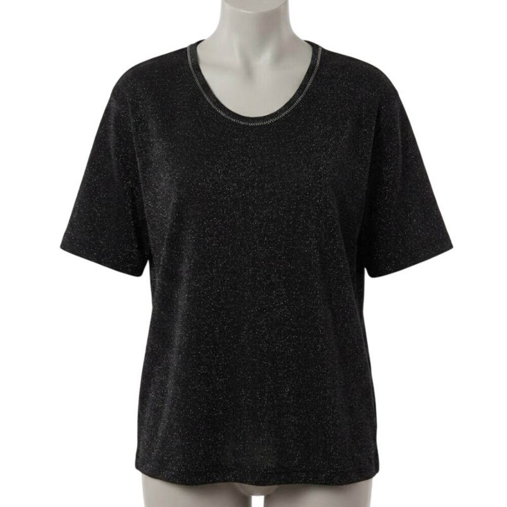 studio blue Shirt Size M Black Gold Nylon Metallic Short Sleeves Relaxed Boxy